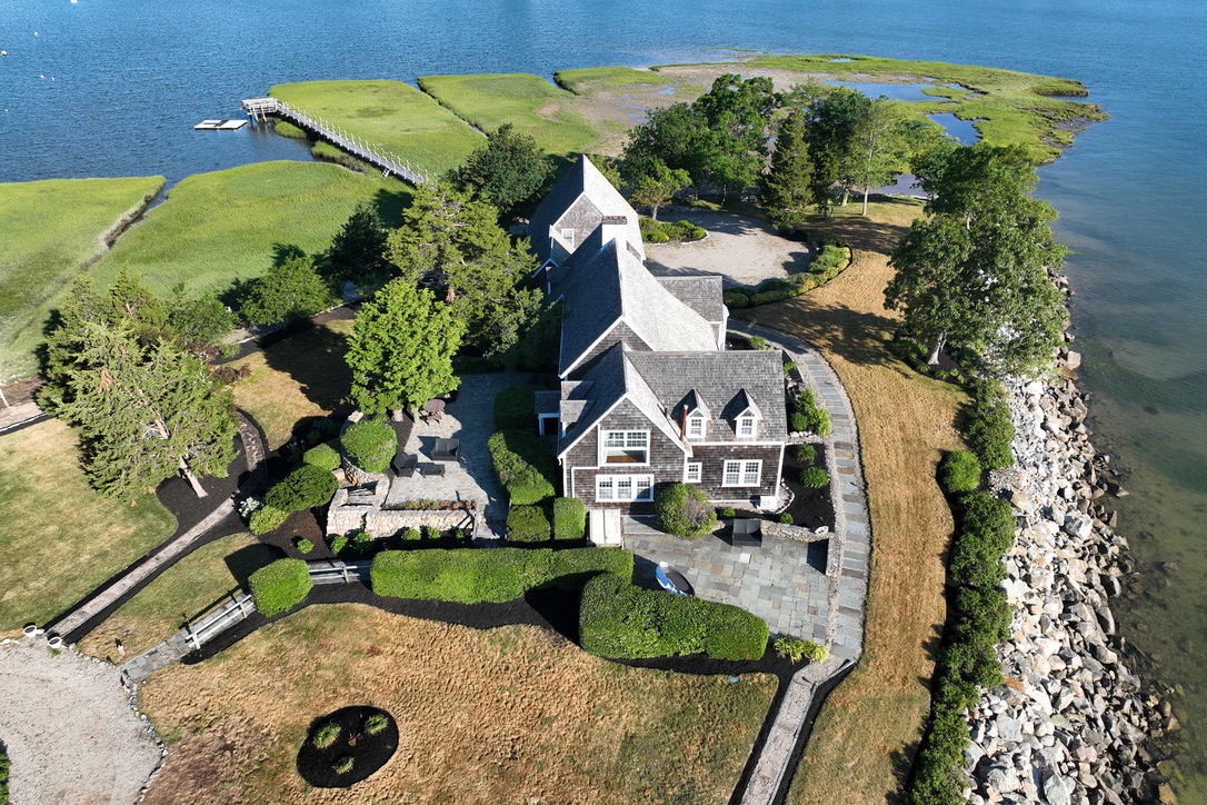Duxbury Mansion aerial view with dock